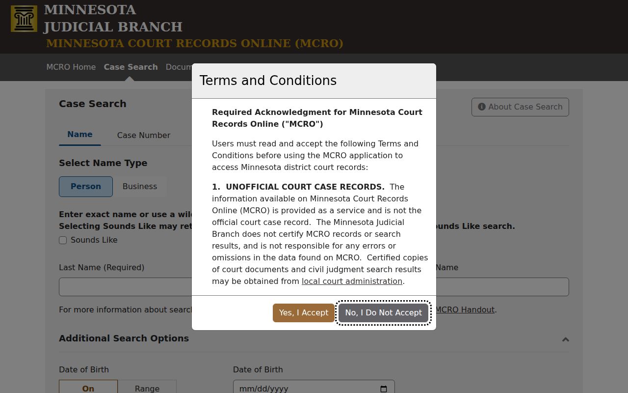 Carver County warrant records search fields on the Minnesota Court Records Online case search