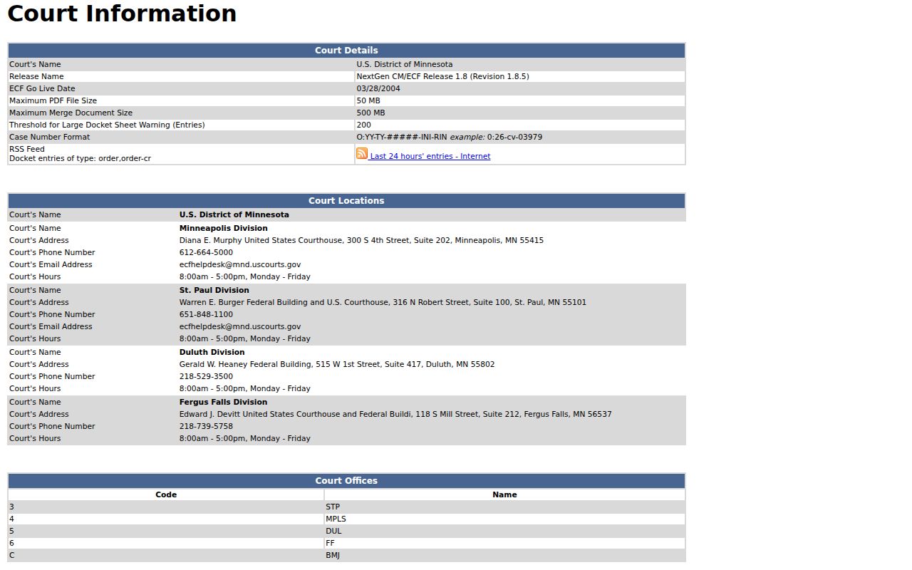 Federal court docket interface used for Minnesota warrant records outside Carver County