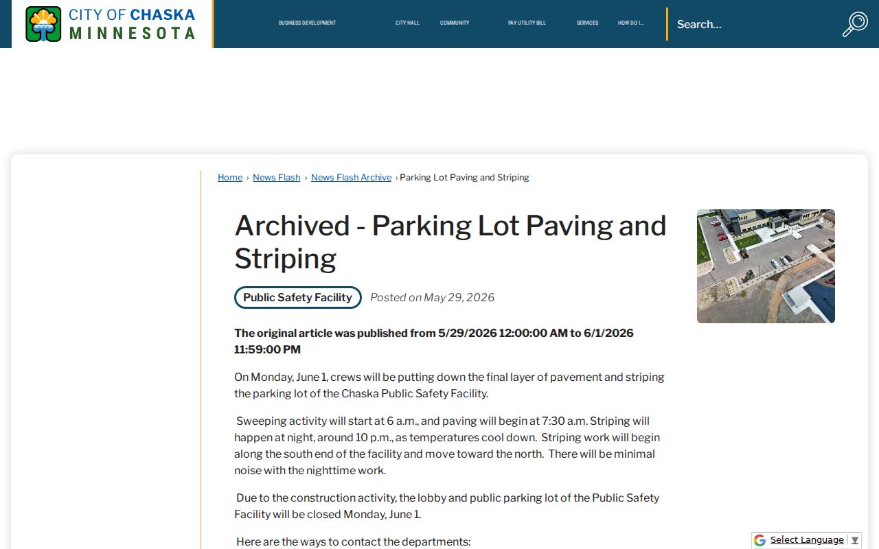 Chaska public safety facility lobby and parking notice affecting warrant records visits in Carver County